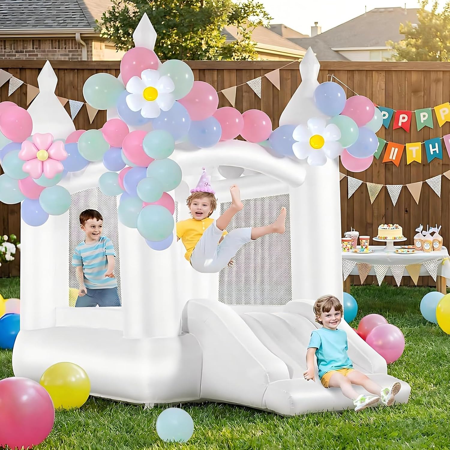 Kids Outdoor Bounce House - Castillo Inflable Blanco para Interiores y